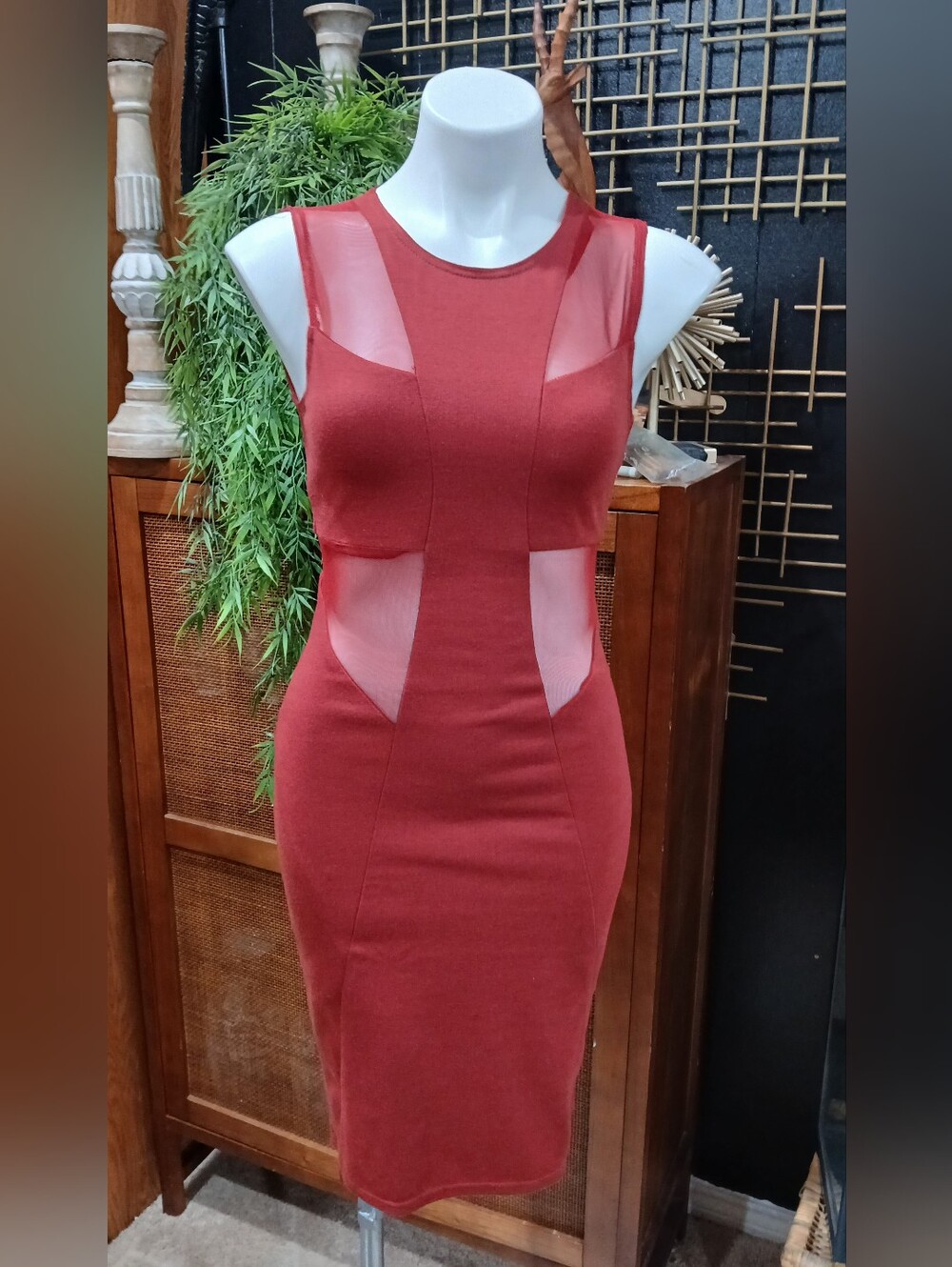 ASOS Petite Wine Red Sleeveless Mesh Panel Bodycon Midi Dress